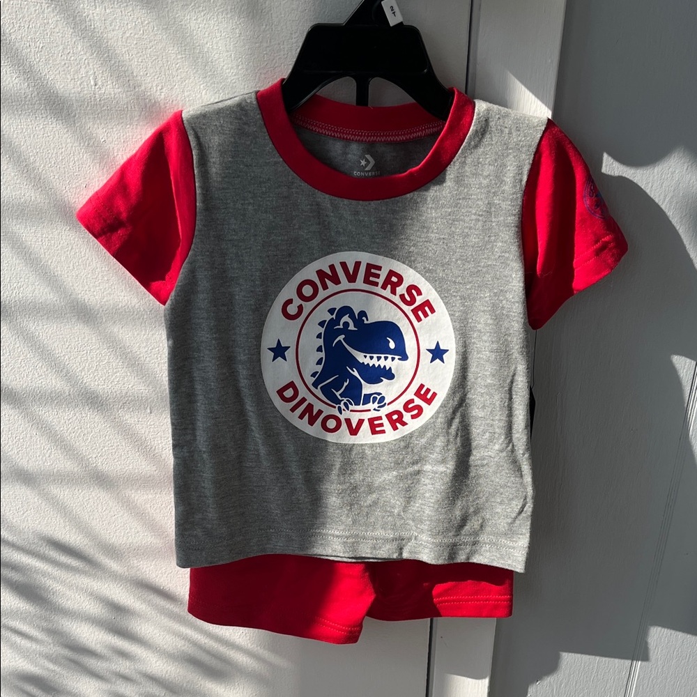 Converse Dinoverse Kids Gray and Red Tee and shorts